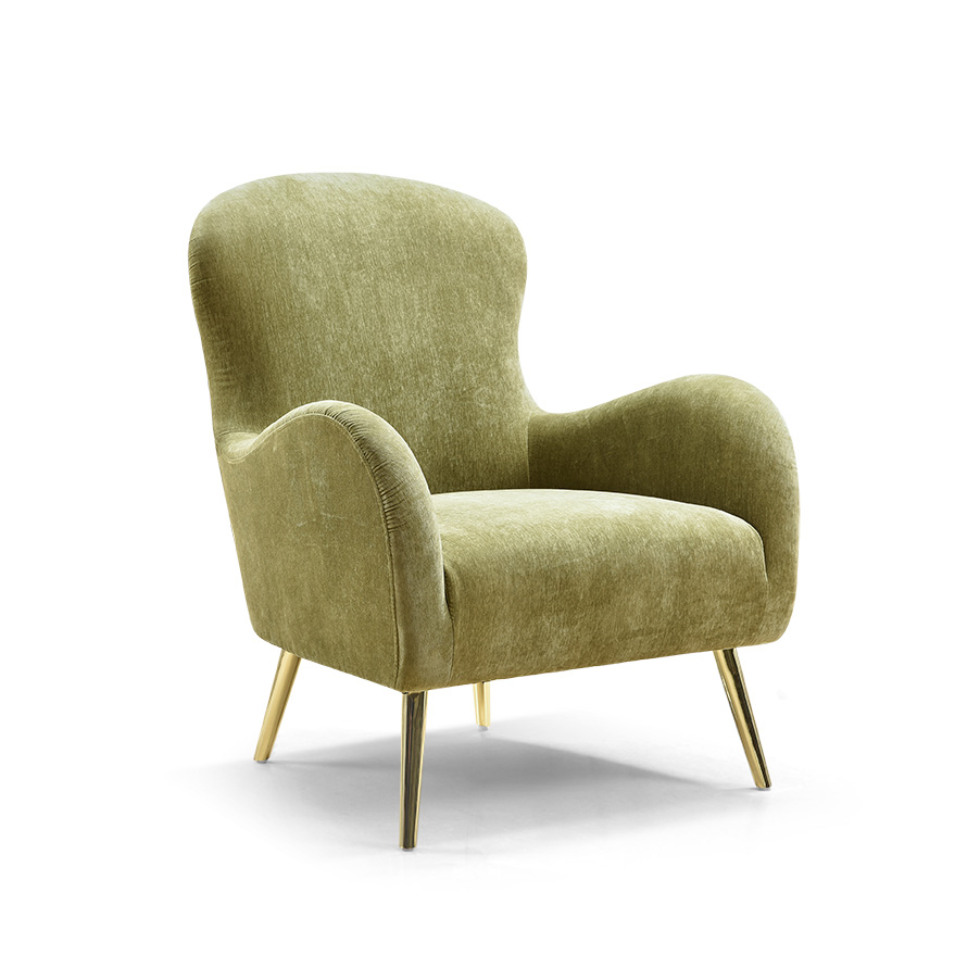 Contemporary Green Fabric Leisure Chair with Armrest in Solid wood 