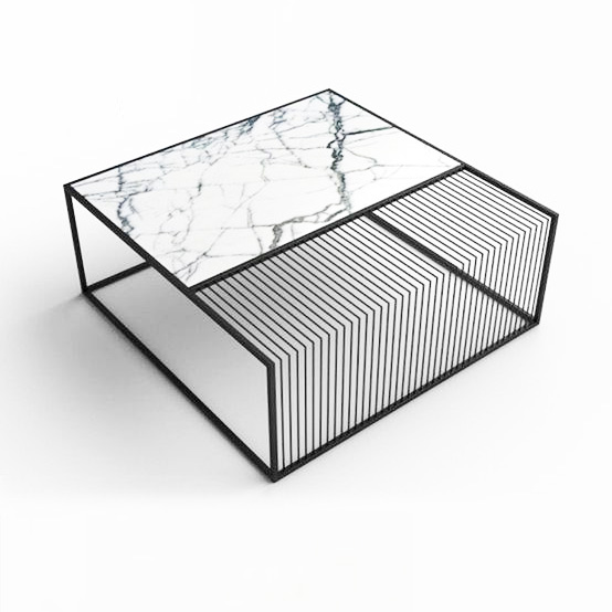 Nordic Style Coffee Table with Half MDF Top in PU Lacquer and Black Metal   Wire 