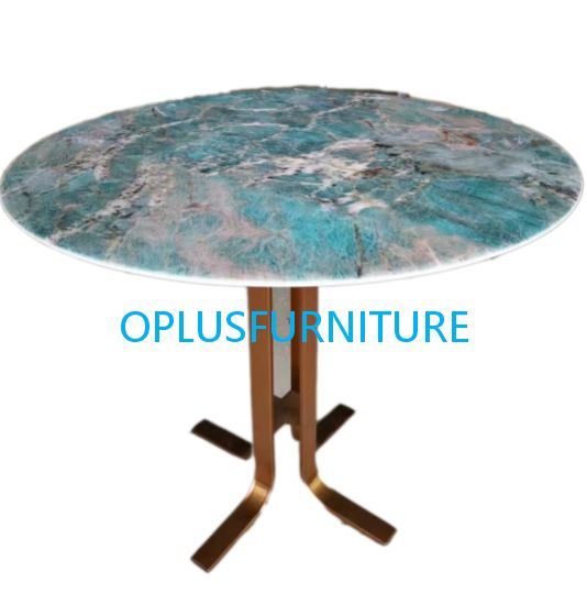 luxury antique brass finish 4 legs green marble look round dining table