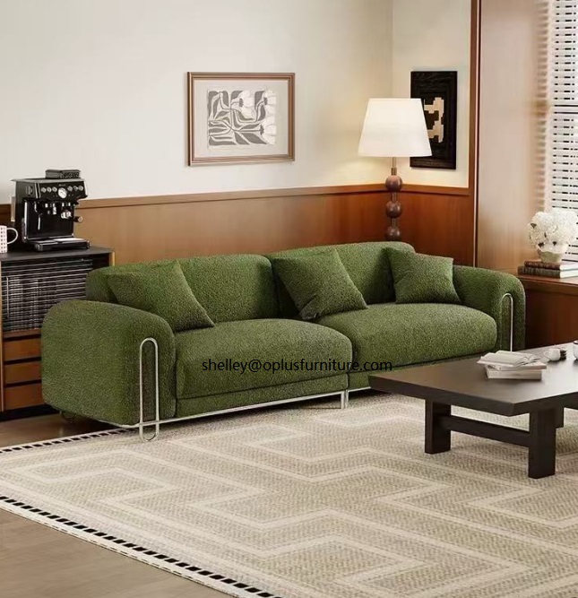 MODERN LUXURY LIVING ROOM FURNITURE CHROME FRAME GREEN FABRIC 3 SEATER SOFA